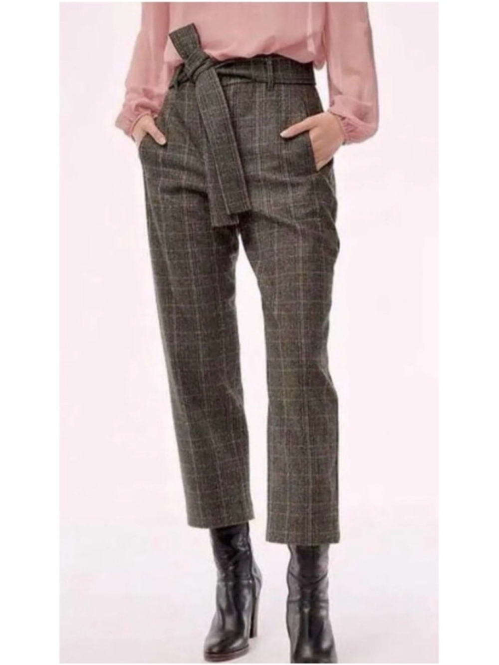 Aritzia Wilfred Jallade Wool Cashmere Plaid Tie Waist Trousers 10